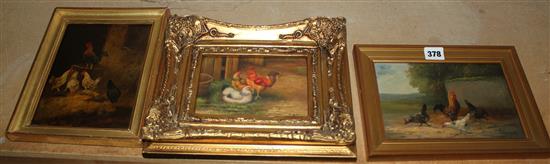 Dubois, chickens in a field, oil on panel; G Roy (20C), chickens in farmyard & a similar 19C French oil on panel (3)(-)